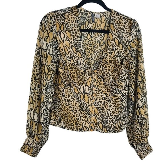 H&M Divided Cerise Leopard Print V-Neck Long Sleeve Cropped Blouse Tunic Women 6 - Picture 1 of 13